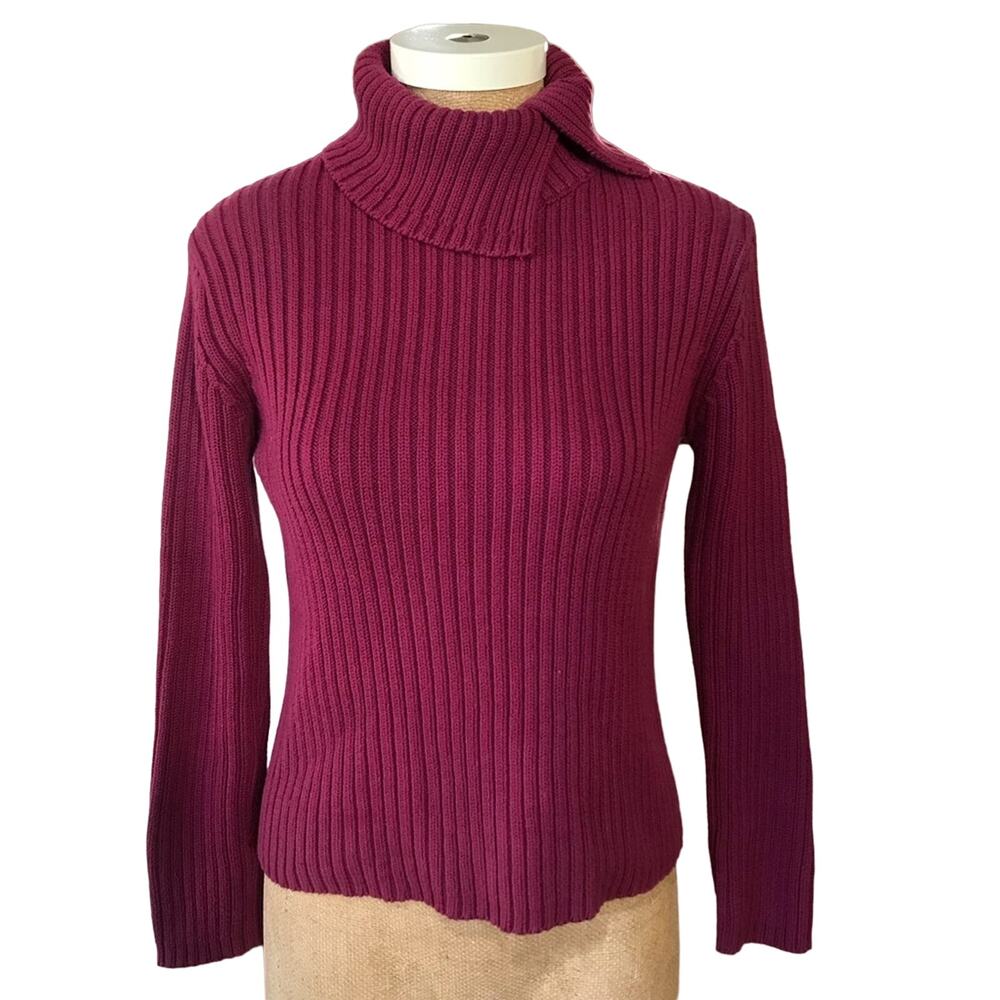 Talbots Petite Ribbed Turtleneck Cable Knit Split Neck Raspberry Purple SO NICE